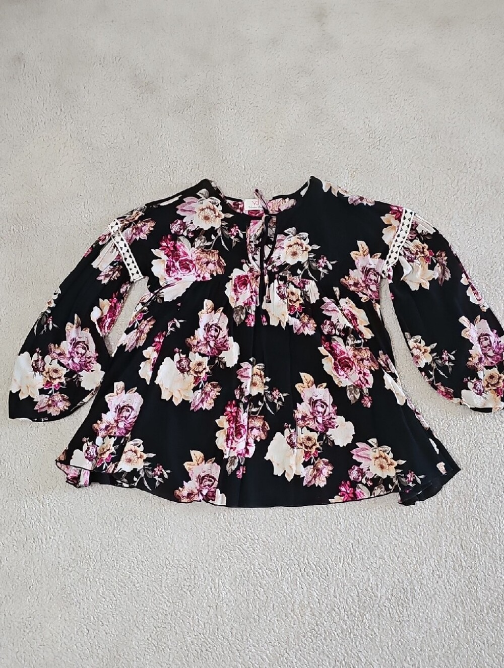 Vanilla Bay Black Floral Tie-Neck Blouse with Pink & Cream Blooms